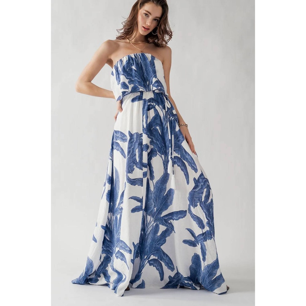 Tropical Print Strapless Maxi Dress Flowy Vacation Resort Summer Beachy Small